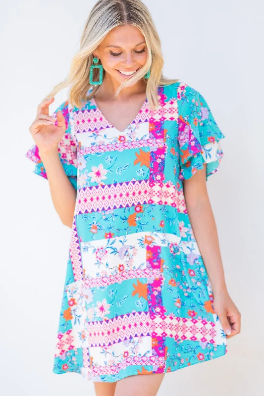 Make You Mine Turquoise Blue Mixed Floral Dress