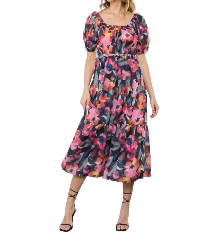 Flower Print Midi Dress In Hot Pink/black Floral