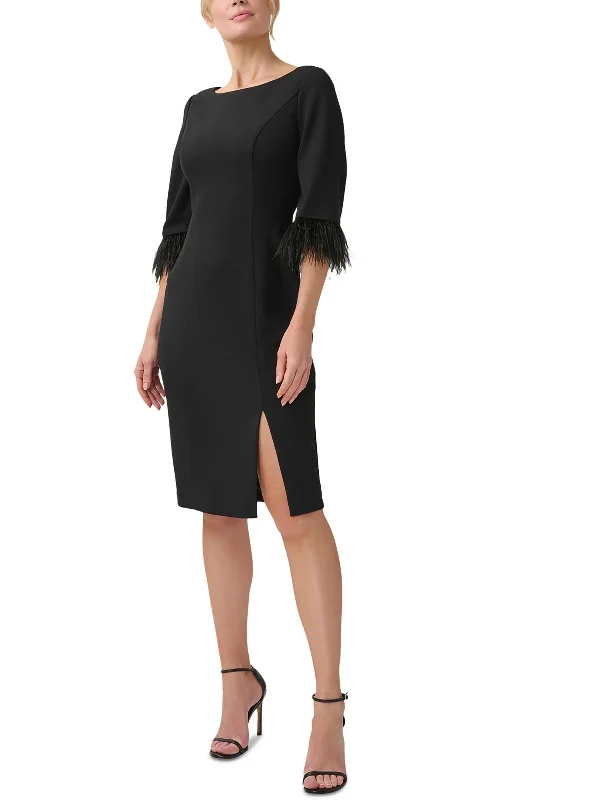 Womens Feather Trim Wide Neckline Sheath Dress