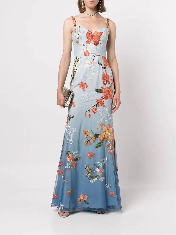 Ombré Embroidered Tulle Mermaid Gown In Dusty Blue