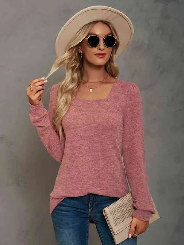 Heathered Square Neck Ladies Long Sleeve Tee