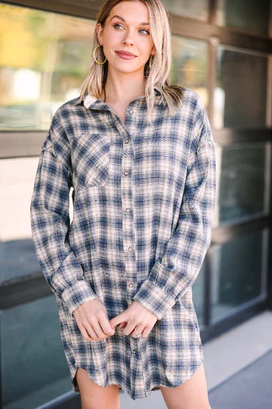 Feeling Your Very Best Slate Blue Plaid Shirt Dress