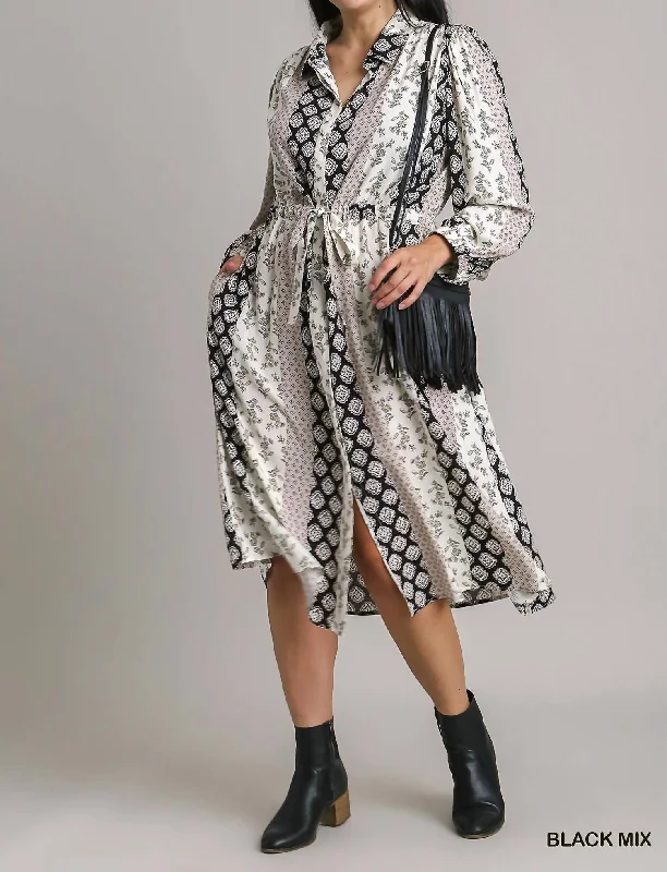 Print Front Tie Midi Dress/kimono In Black Mix