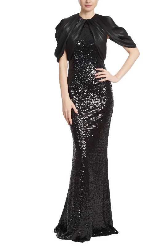 Draped Sequin Gown In Black