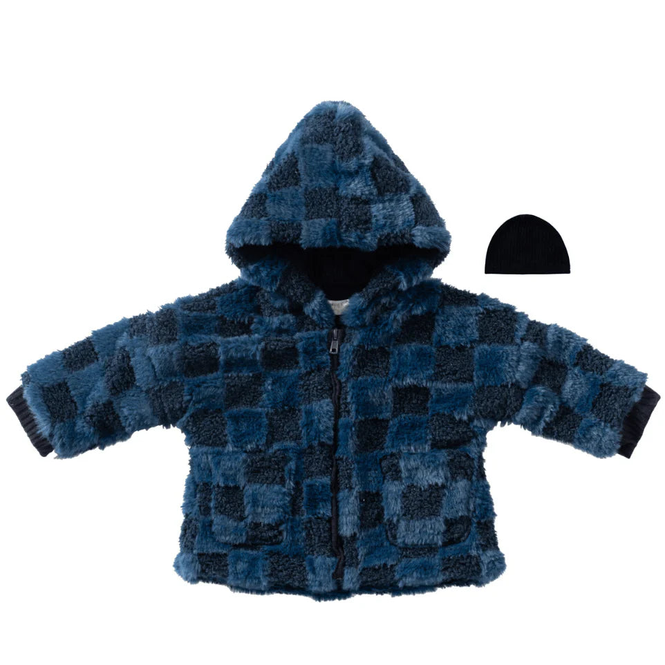 KIPP BABY 2PC CHECKERED FUR JACKET WITH RIB HAT SET