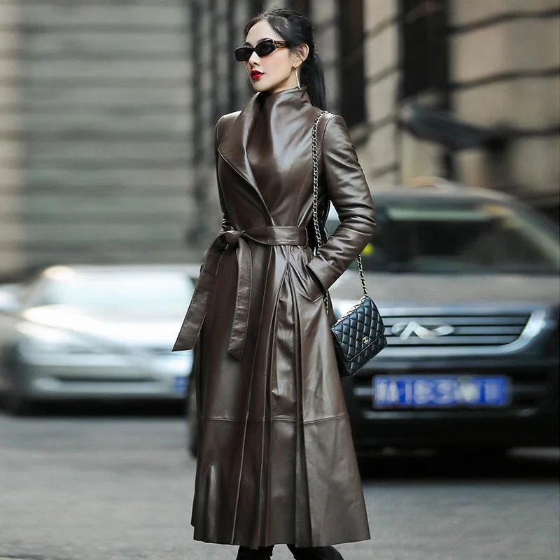 Autumn Long Brown Black Soft Faux Leather Trench Coat for Women