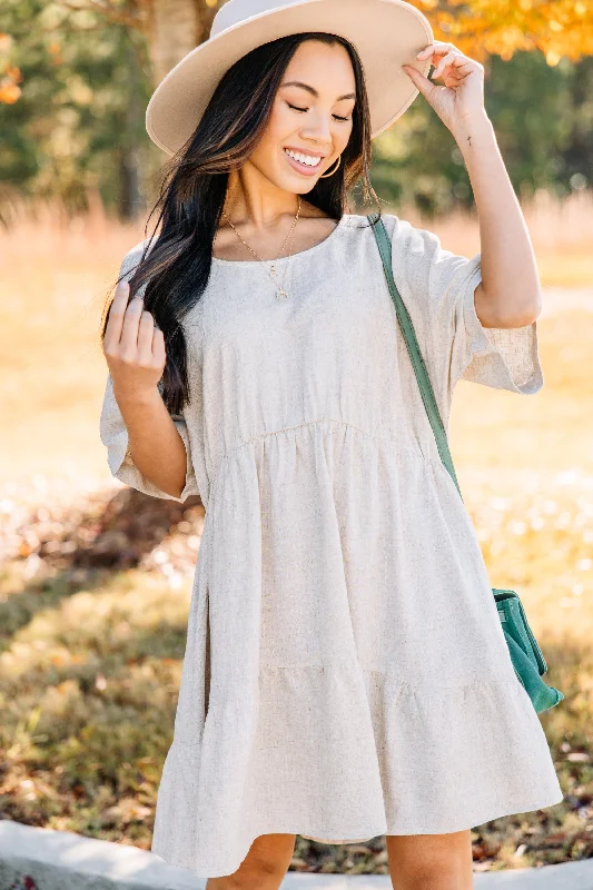 Show Your Heart Oatmeal White Linen Dress