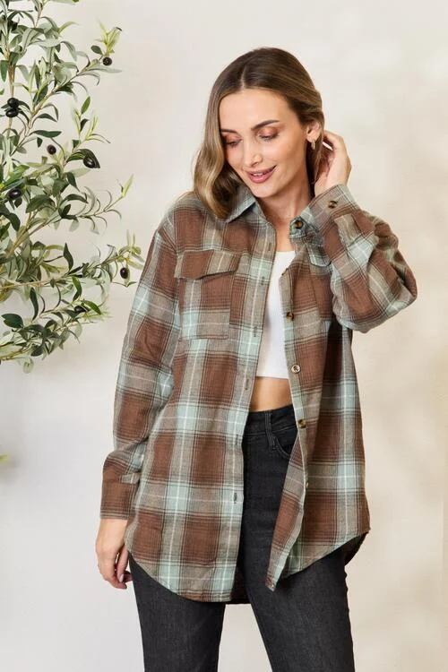 Double Take Plaid Dropped Shoulder Ladies Button Up Long Sleeve Shirt